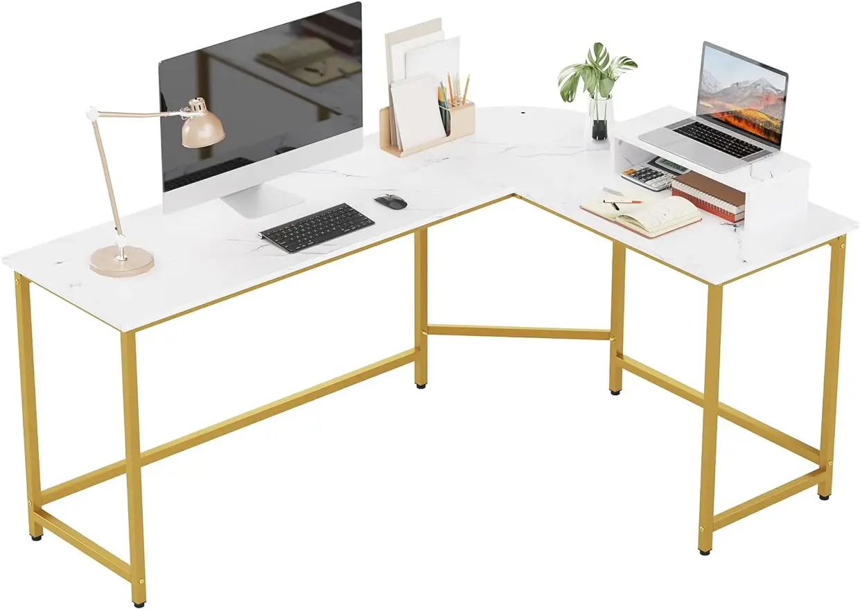 L Shaped Computer Desk with Monitor Stand, Reversible Corner Desk for Home Office, Modern PC Workstation Study Writing Table