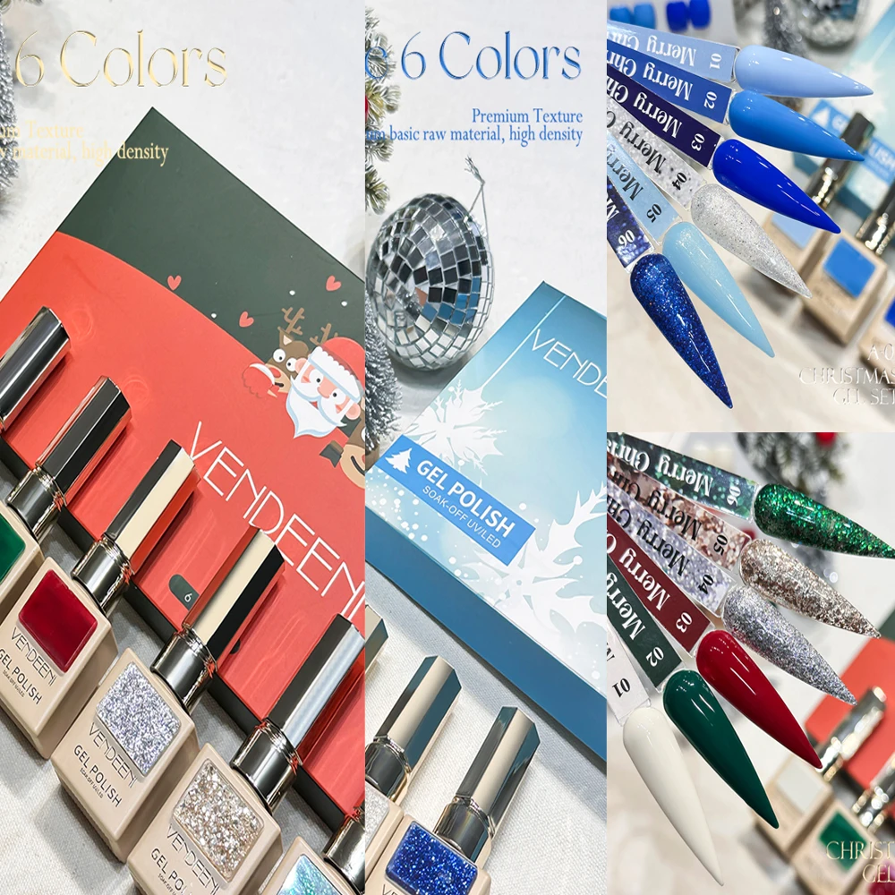 

Vendeeni 6 цветов/набор красный синий Рождественская серия гель-лак для ногтей с блестками маникюрный лак с цветной картой TPO/HEMA FREE