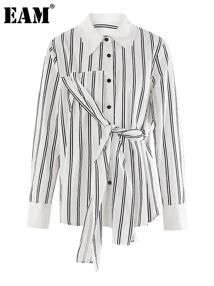 [EAM] Women White Striped Belted Big Size Elegant Blouse New Lapel Long Sleeve Shirt Fashion Tide Spring Autumn 2024 CPDB253