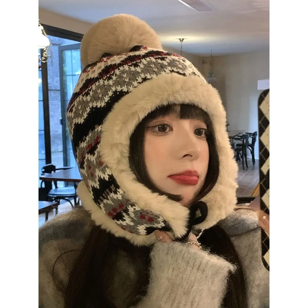 Winter Women Warm Knitted Bomber Hat with Earflap Brand Cute Pom Fuzzy Peruvian Hat Ear-flapped Women Fashion Retro Lei Feng Hat