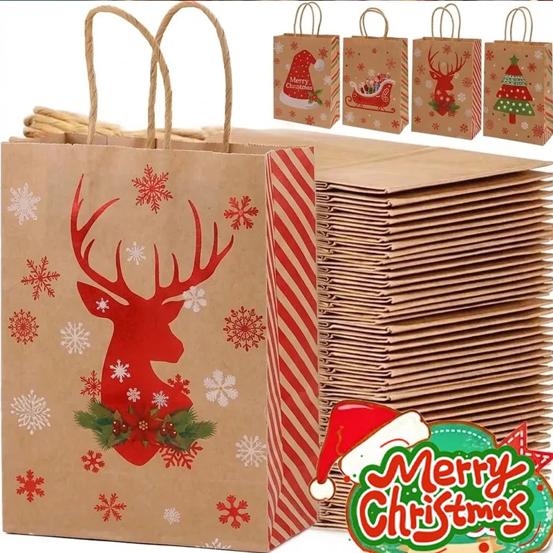 12-48PCS Xmas Paper Bags Kraft Snowflake Reindeer Tote for Gift Wrapping Shopping Party Holiday Candy Supplies
