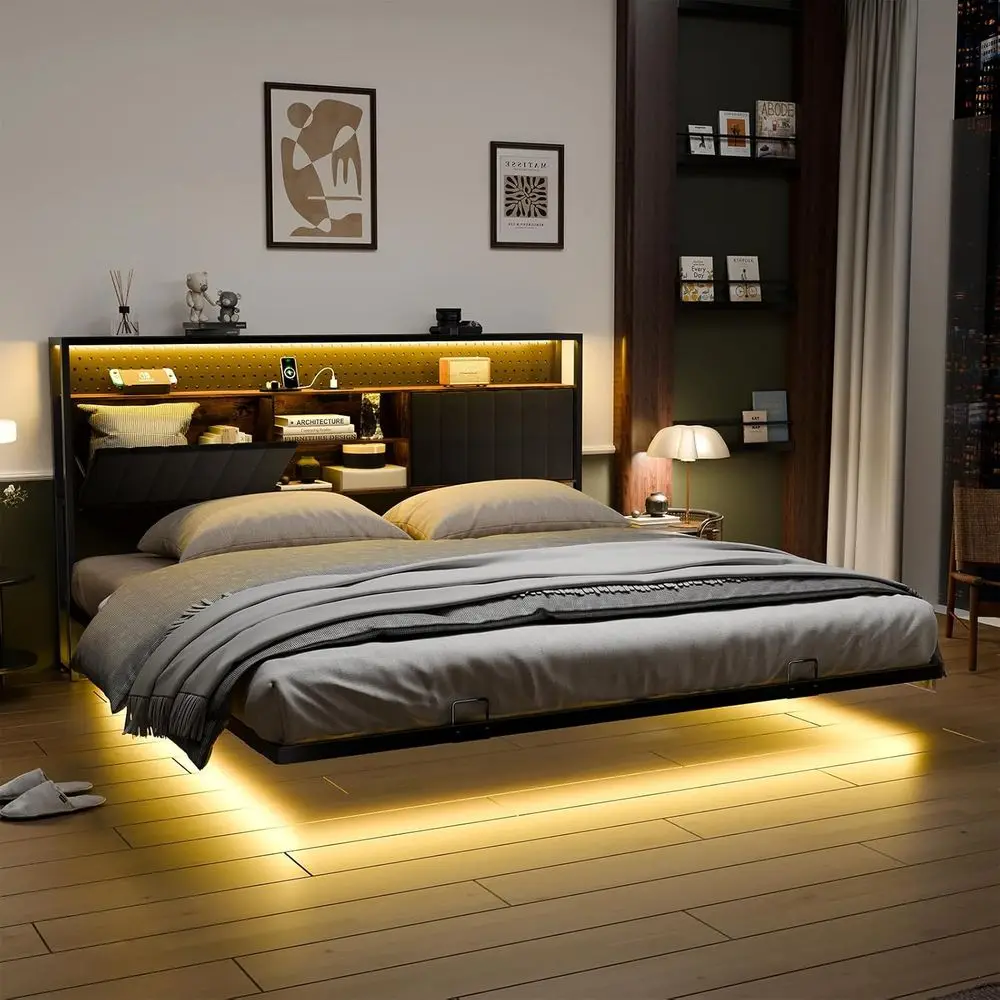 

King Size Floating Bed with LED Lights, Charging Station, Storage, Velvet Headboard, No Box Spring, Metal Frame, Easy Assembly,
