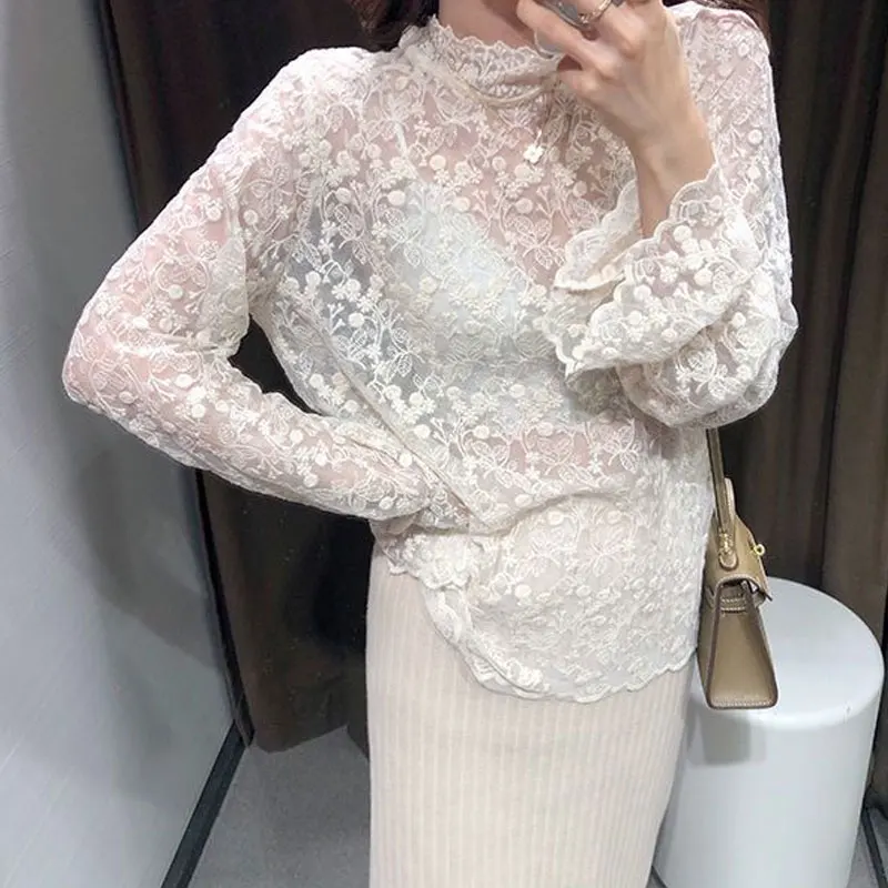 Office Lady Solid Color Lace Blouse Spring Autumn New Fashion All-match Half High Collar Female Casual Gauze Spliced Loose Shirt