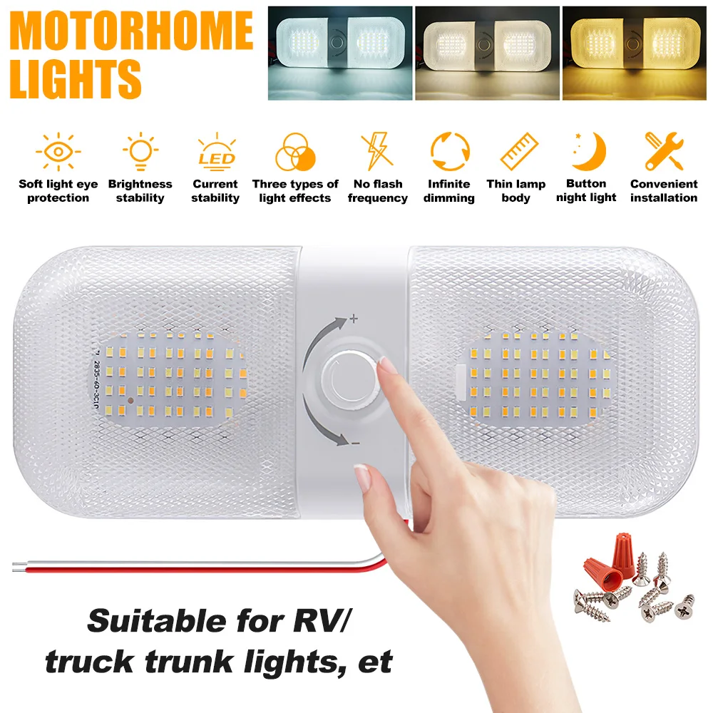 

12-24 В Внутренний светодиодный светильник для автодома, 120 светодиодов, 3 цвета, потолочные купольные светильники с бесступенчатой регулировкой яркости и переключателем для кемпера, фургона, туристического прицепа