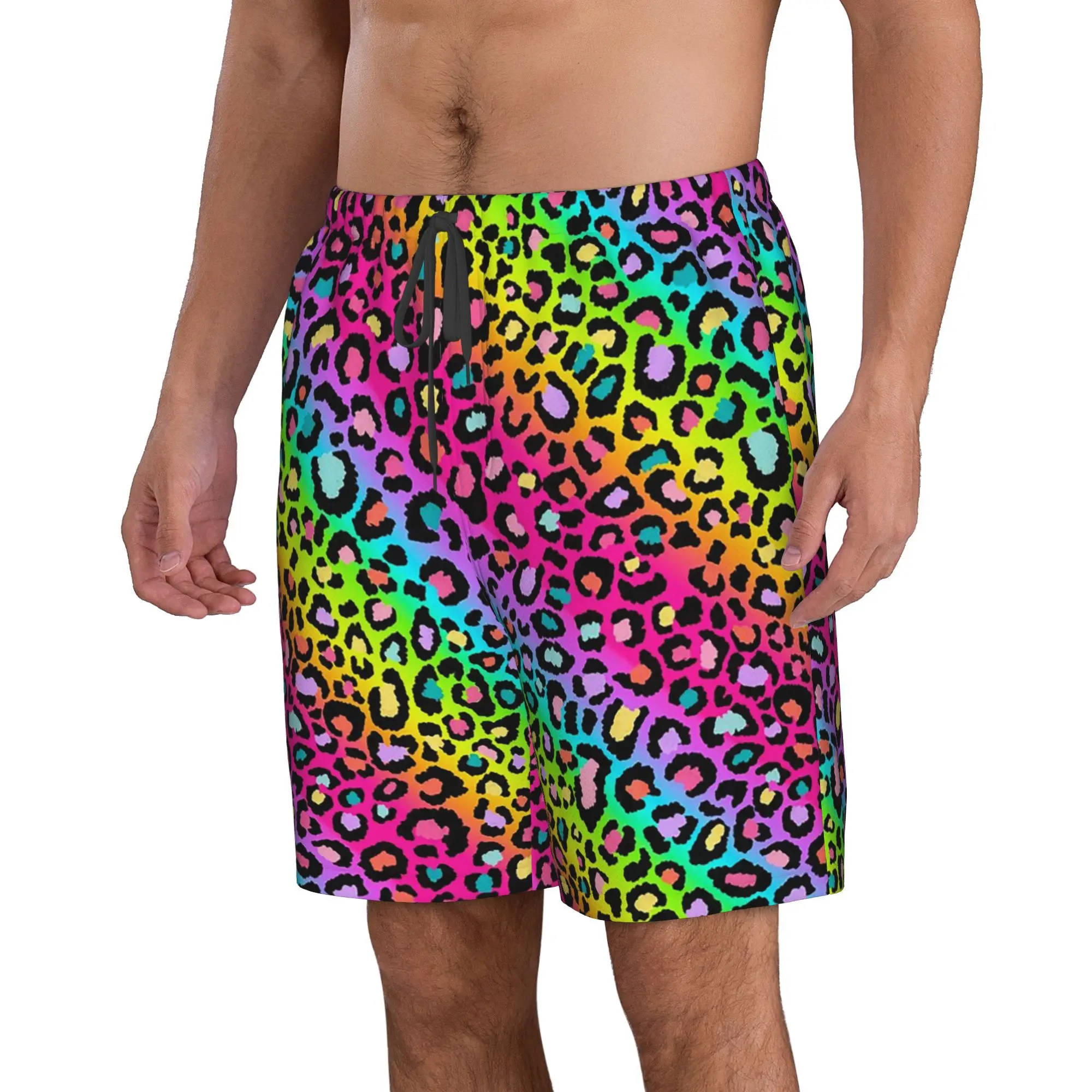 Vibrant Rainbow Leopard Print Trunks Beach Board Shorts Casual Quick Dry Swim Summer Men Pants