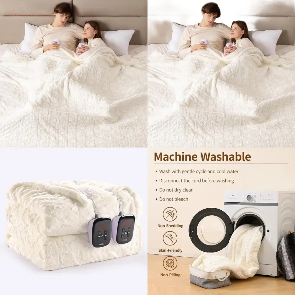 

King Size 100x90 Electric Blanket, Dual Controls, 10 Heat Levels, 1-12H Auto Off, Machine Washable, Faux Fur & Sherpa