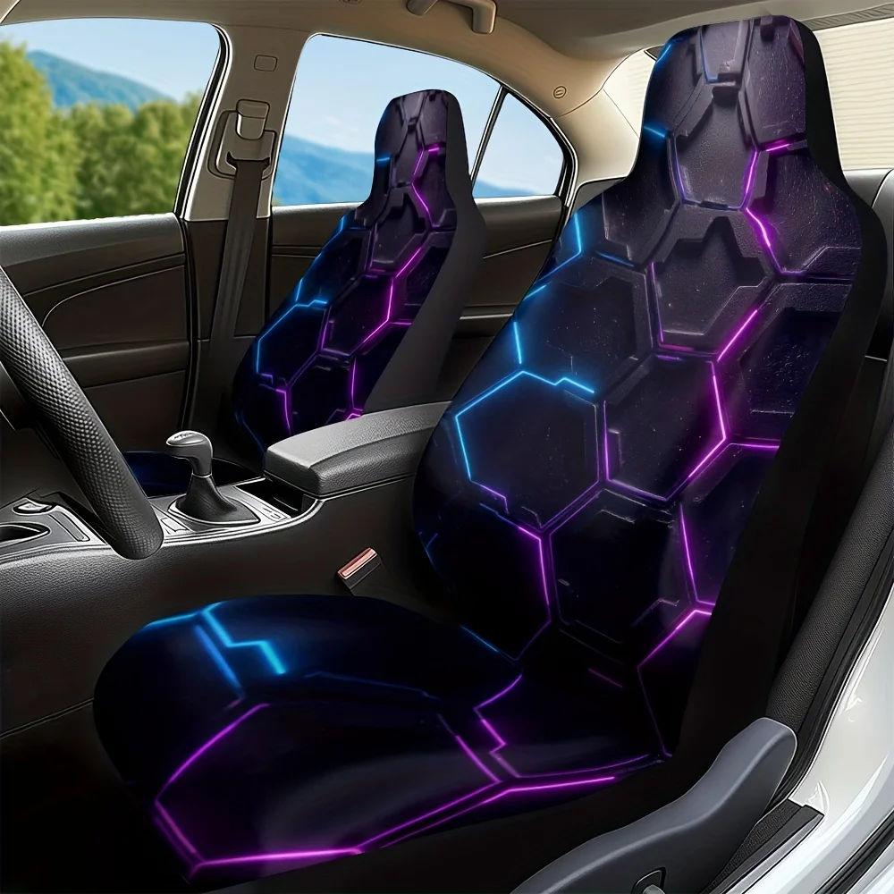 2pcs, Modern Hexagon Abstract Dark Gradient Neon Print Front Seat Covers, Durable And Soft, Universal Fit For Front Seats, Ideal