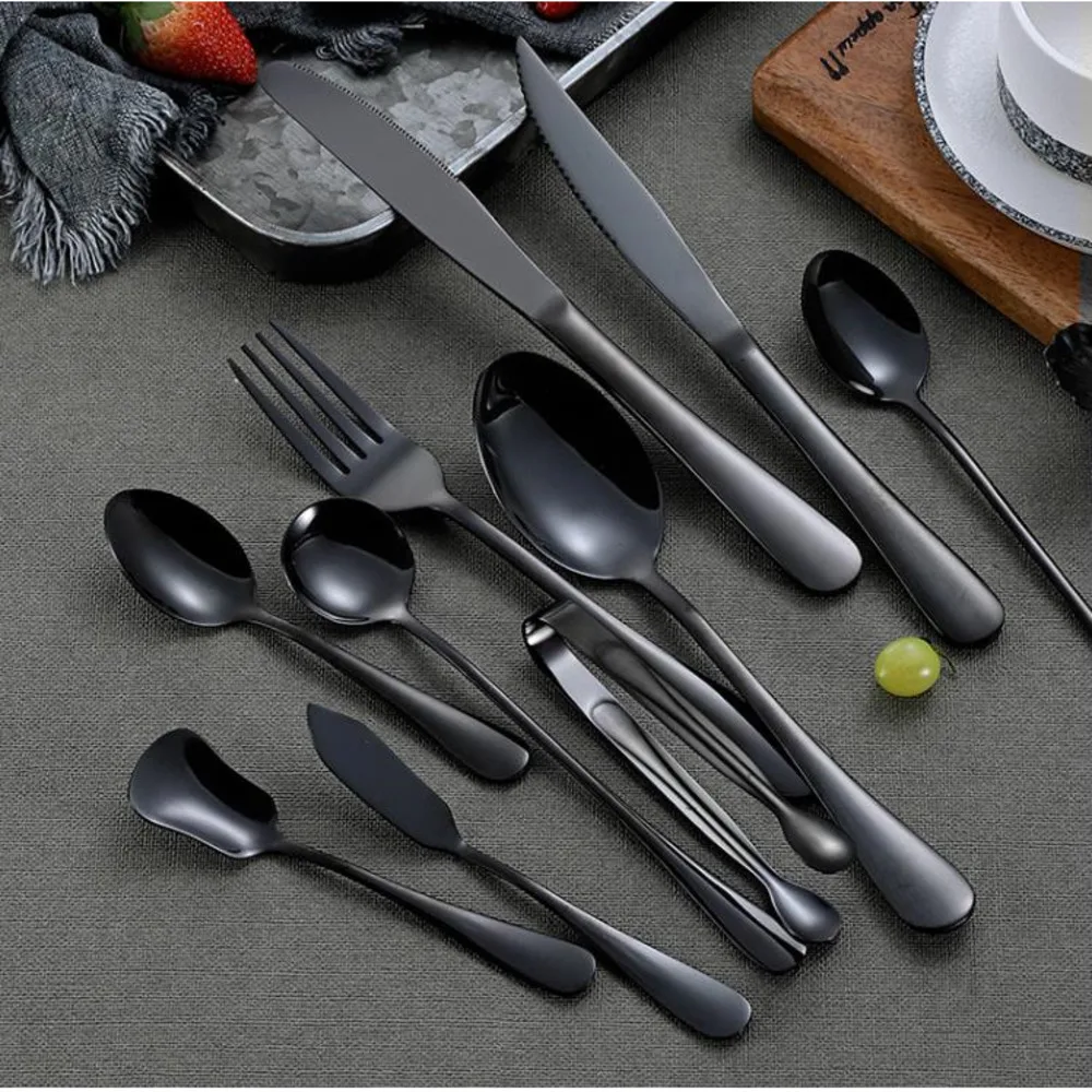 Black Color Stainless Steel Spoons Forks Knives Flatware Set Plated Tableware Sets Dinnerware Coffee Teaspoons