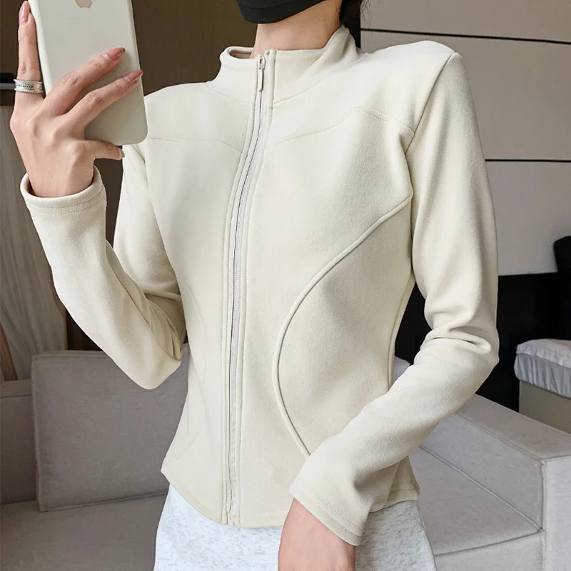 

Double Arc Curve Zipper Style Cardigan New Fashion Stand Up Collar Tight Fitting Top Autumn Winter Fleece Jacket for Women