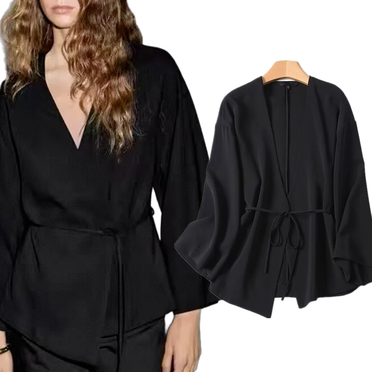 

Jenny&Dave Japanese Style Minimalist Wrap Shirt Top Autumn Black Long-sleeved Cardigan Jacket For Women Top