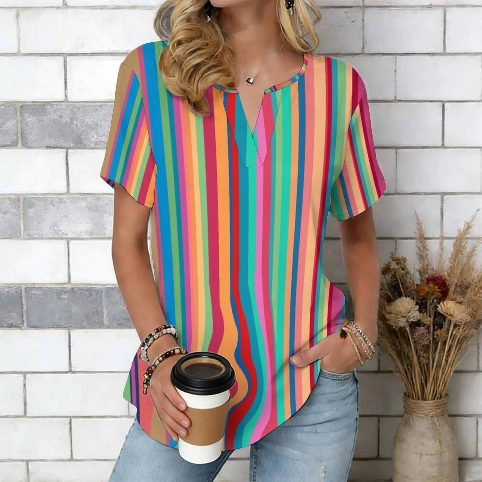 Women Print Notched V Neck Short Sleeve Casual Loose Tunic Tops