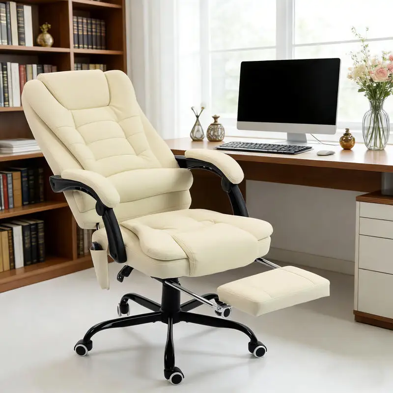Massierender Bürostuhl, Schreibtischstuhl mit verstellbarer Höhe, neigbarer Rückenlehne und kabelgebundener Fernbedienung, beige