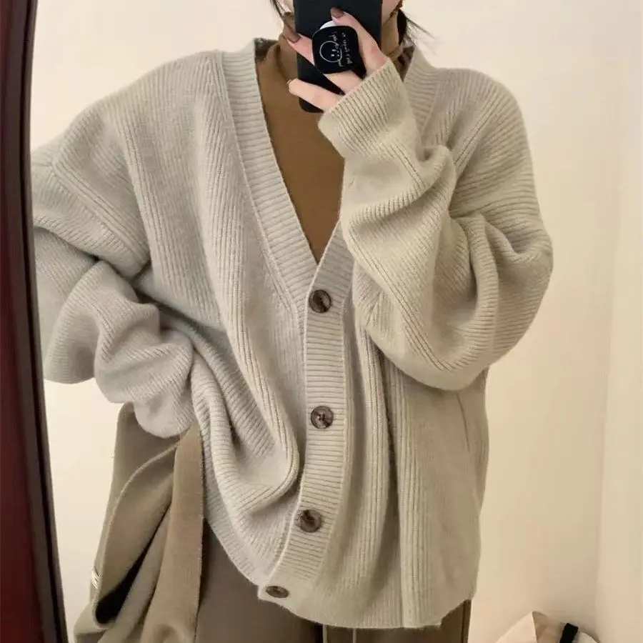 

Autumn and winter new solid color soft glutinous knitted cardigan for women, Korean loose and lazy style V-neck sweater jacket