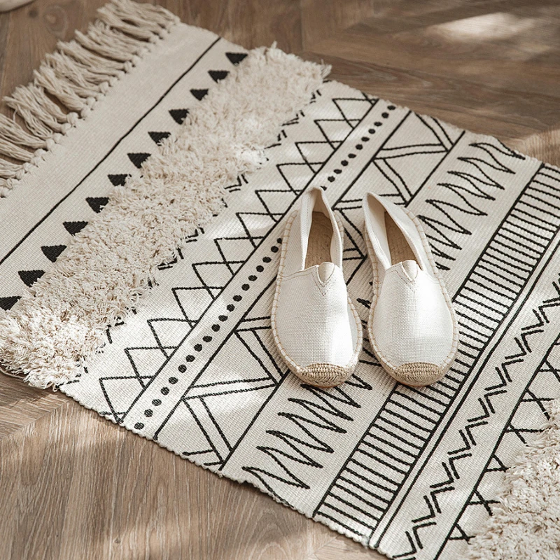 Nordic Moroccan fringe tufted rug door mat ins geometric black and white for living room bedroom prayer mat muslim bedside rug