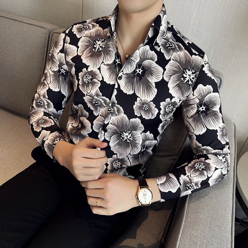 2024 Spring Flower Shirts Men Long Sleeved V-neck Casual Shirt Men Clothing Fashion Hawaiian Vacation Shirt Social Streetwear