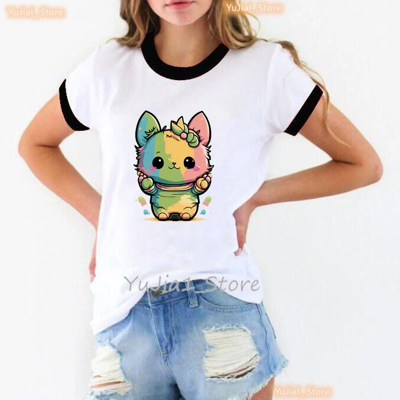 Watermelon And Pineapple Panda Bubu Dudu Tshirt Women\'S Clothing Funny White T Shirt Femme Harajuku Kawaii Clothes T-Shirt Tops