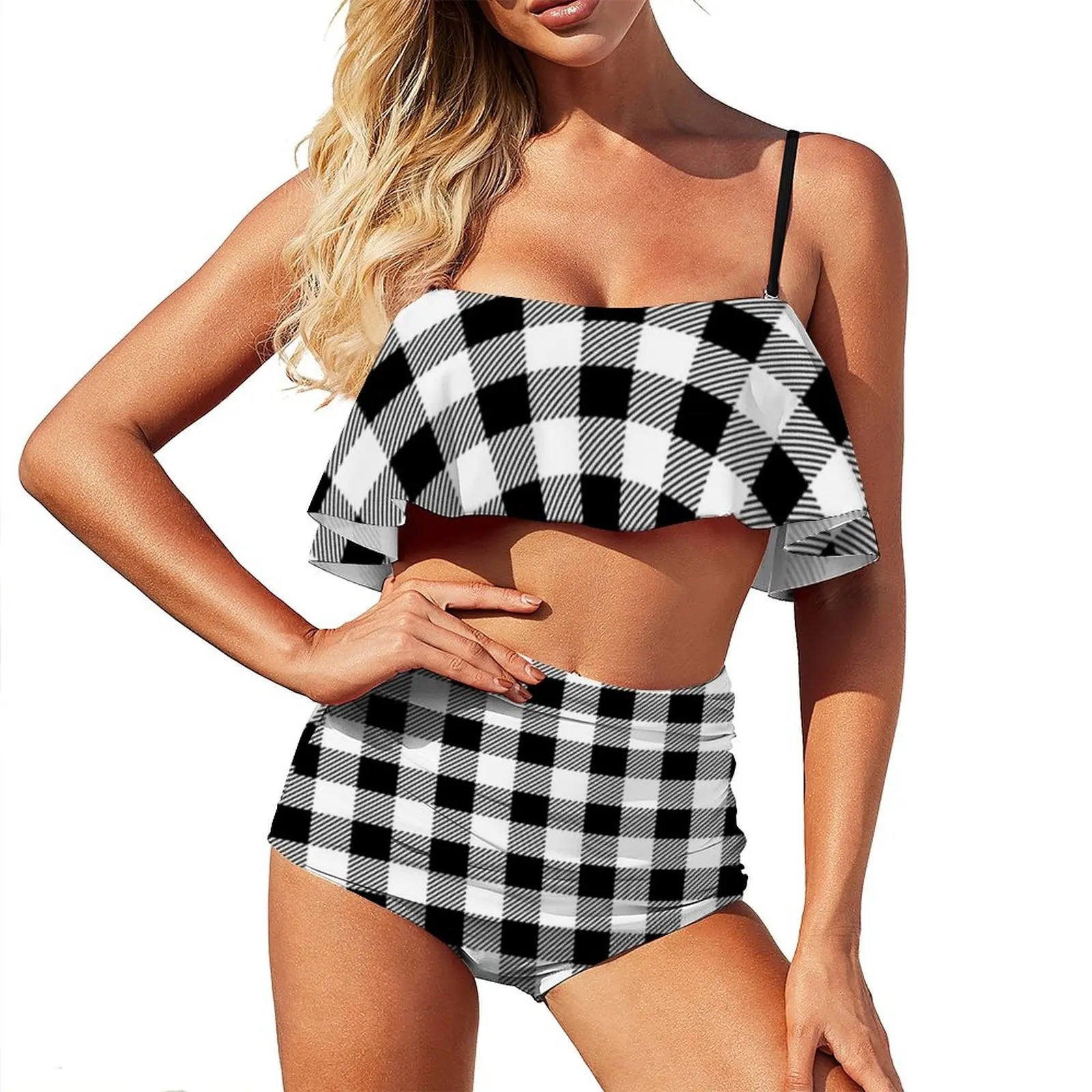 

Sexy Checkerboard Print Bikini Set White Black Plaid Bikini Swimsuit High Waist Elegant Swimwear Beach Graphic Beach Outfits