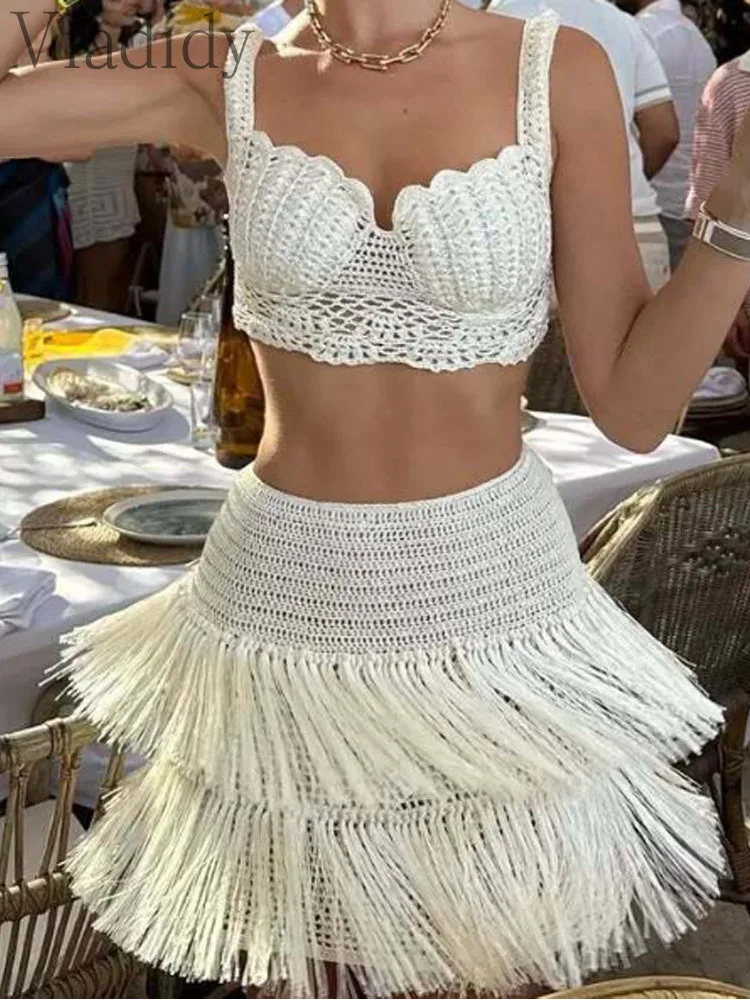 

Women's Sexy Summer Beach Vacation 2pcs Set Solid Color Knitted Tank Top and High Waist Mini Skirt Suit