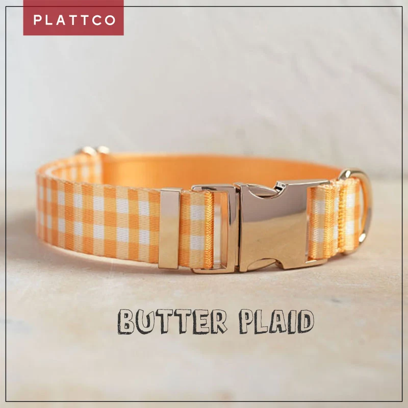 PLATTCO unique design dog collar print BUTTER PLAID pattern with high quality light color zinc alloy buckle 5 size PDC307G