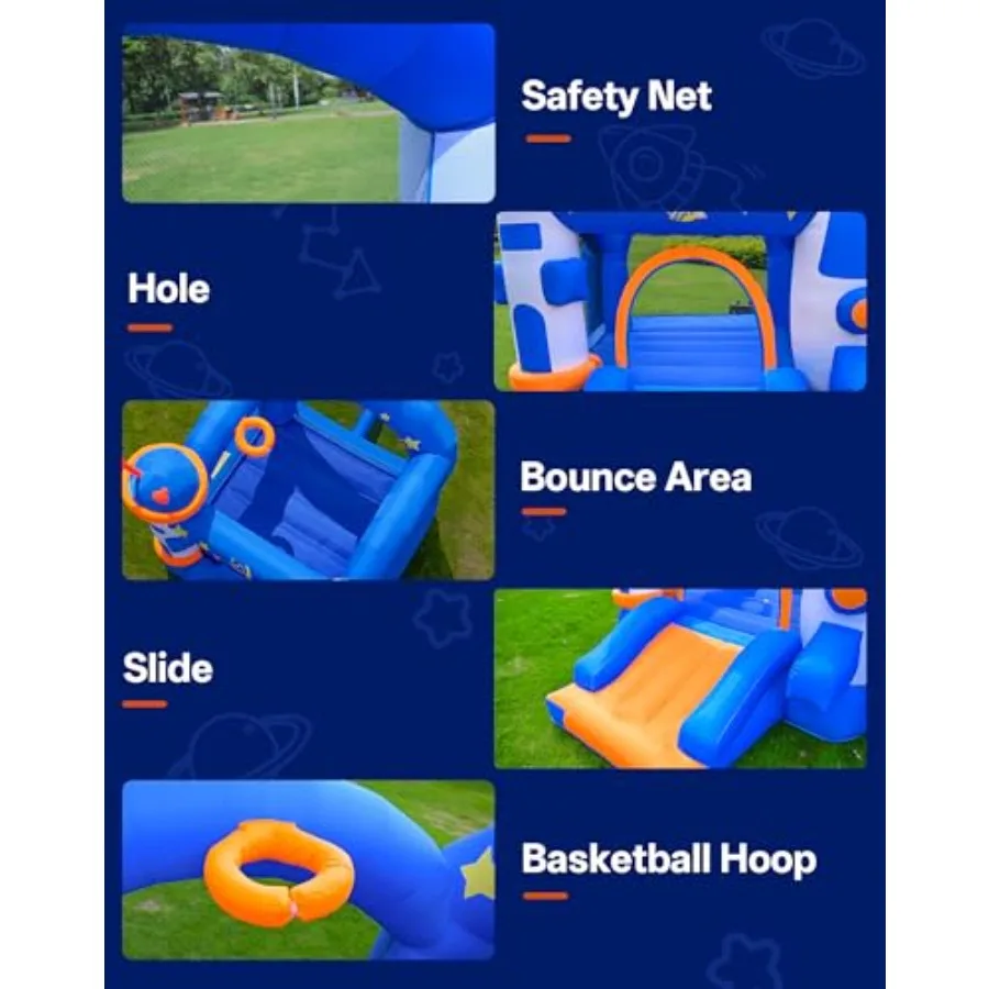 Springhuis Opblaasbaar boekethuis voor 36 personen met basketbalring Springgebied en glijbaan Opblaasbaar springkasteel op ruimte met A