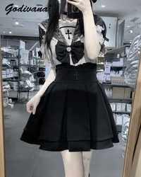 Japanese Mine Mass-Produced Summer Cross Bowknot Short Sleeve Shirt Nipped Waist Skirt Women Girls Lolita Top and Skirt Set