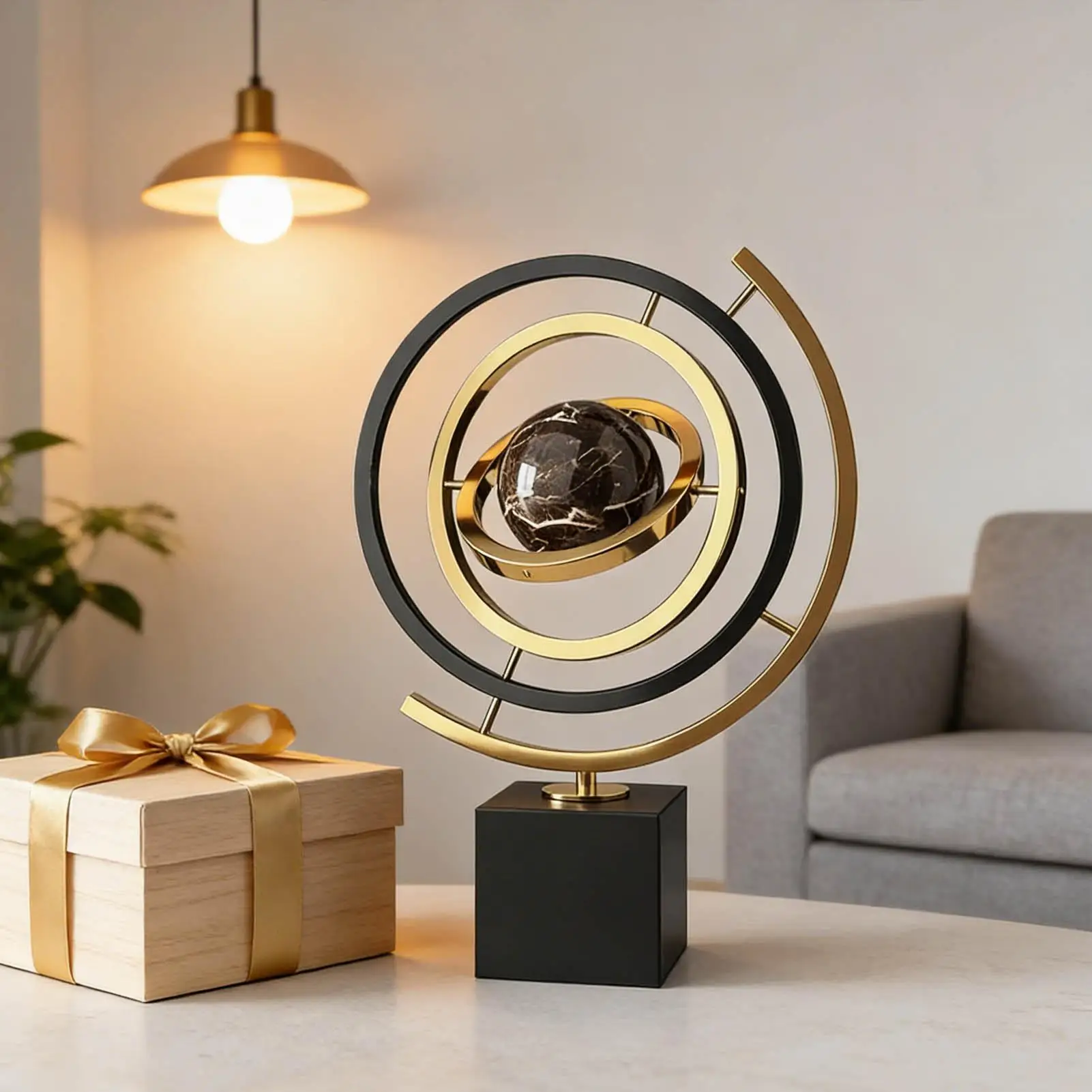 Rotating Globe Metal Ornament Home Accent Modern Abstract Art Decor Rotating Tabletop Abstraction Globe for Living Room Bedroom