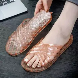 New Women's Summer One Word Flat Sole Transparent Crystal Slippers Soft Sole Non Slip Outdoor Slippers Bathroom Slippers