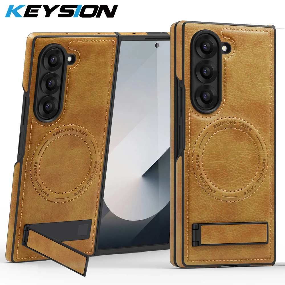 KEYSION Luxuxy PU Leather Magnetic Case for MagSafe for Samsung Galaxy Z Fold 6 5 4 3 5G Kickstand Wireless Charging Phone Cover