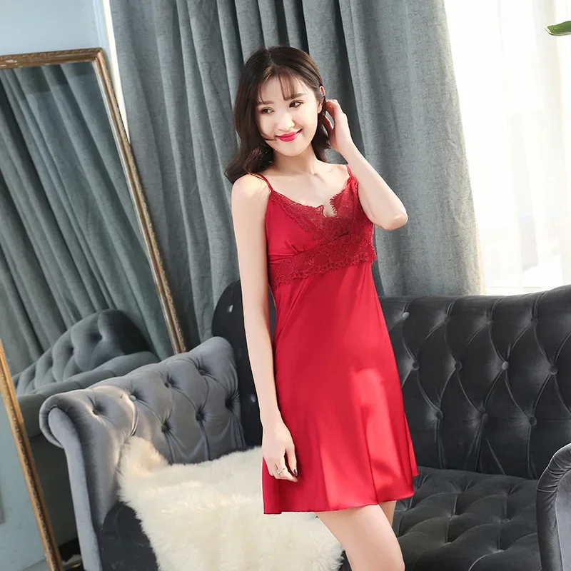 MECHCITIZ 2019 Sexy Silk Satin Night Dress Sleeveless Nightgown Femme Nightdress Lace Sleepwear Nightwear Sleepshirts For Women