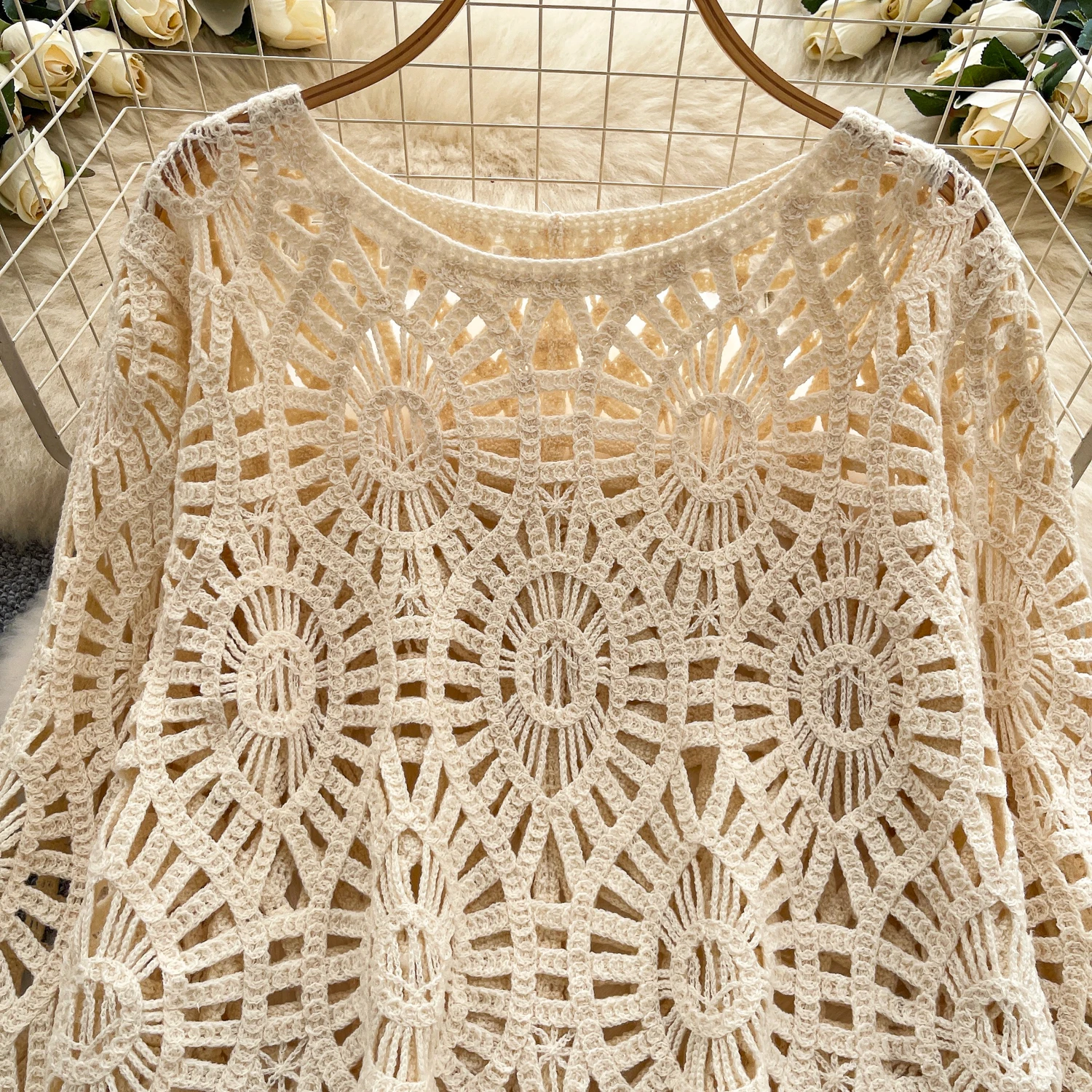Boêmio oco crochê malha topos para mulher 2025 outono solto férias irregular praia cover-up topos