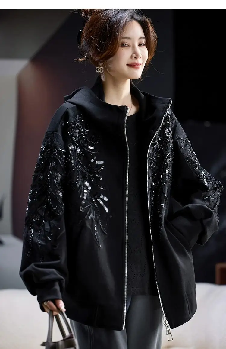 SuperAen Fashion Embroidered Flares Hooded Jacket for Women Spring and Autumn 2025 New Loose Oversize Casual Coats