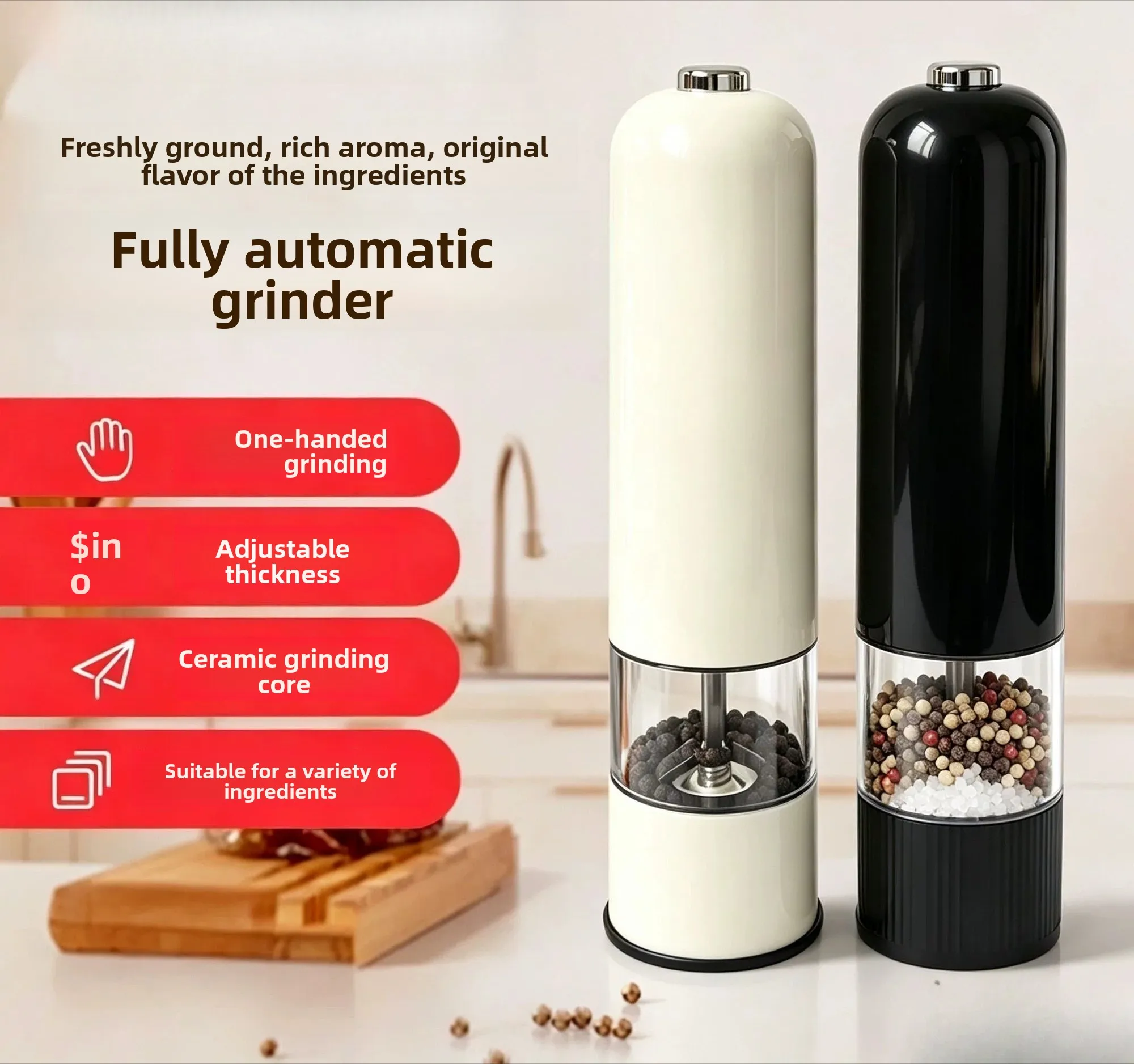 Stainless Steel Portable Electric Grinder, Household Kitchen Mill for Black Pepper, Sea Salt, Flaxseed & Coffee Beans