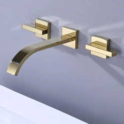 shine gold or brushed gold in wall Bathroom Basin Sink Waterfall Faucet Wall Mounted Mixer Tap Hot and Cold Water BF546
