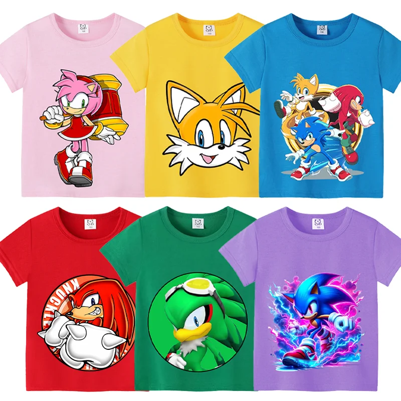 Sonics T-Shirt Amy Rose Summer Tops Figure Tails Game Short Sleeve Children Clothes Harajuku Baby Clothing Boys Girls Tee Gifts