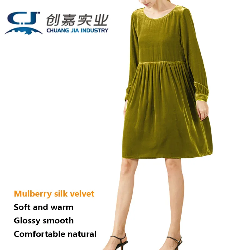 Real Silk Velvet Spring Autumn Women's Long-sleeved Crewneck Dress French Lazy Retro High-waisted Pleated MIDI Skirt Large Size