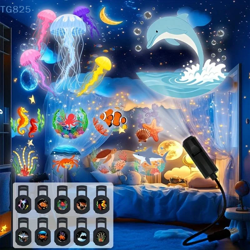【SA】LED USB Projector Light 3/6pcs Projection Patterns- Adjustable Whale Butterfly Jellyfish Starfish Night Light Festival Gift