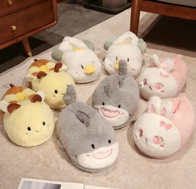 

Cute Cartoon Animal Plush Slippers with Shark Bee Rabbit Duck and Other Styles Soft and Thick Soles Couple Casual Home Slippers