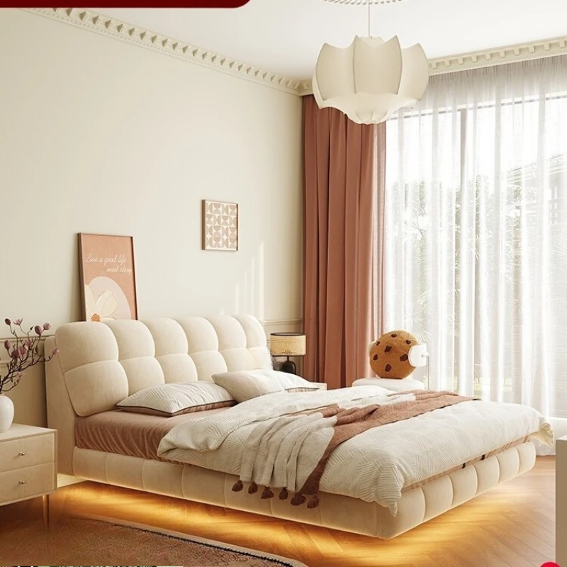 

French cream air suspension puff bed, double master bedroom technology fabric bed