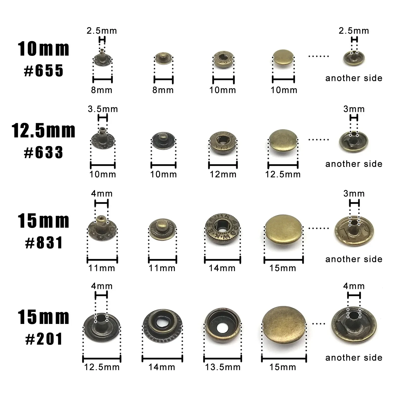 

10mm 12.5mm 15mm #633 655 831 201 Metal Press Fastener Snap Button Stud for Leather Bag Clothes Jacket Coat Repair Tool