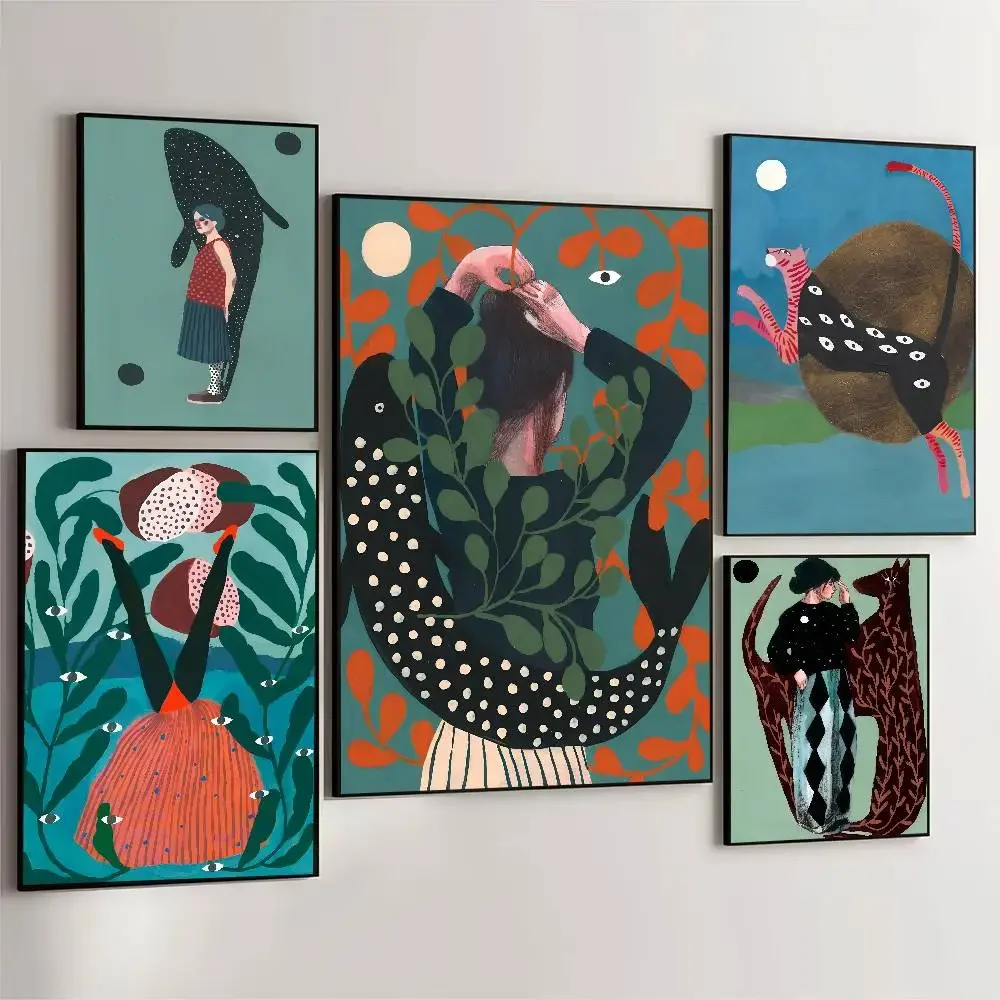 الشمال امرأة نباتات الأسماك والحيوان Jaqua المشارك ذاتية اللصق الفن ورق مقاوم للماء ملصق مقهى بار غرفة جدار ديكور