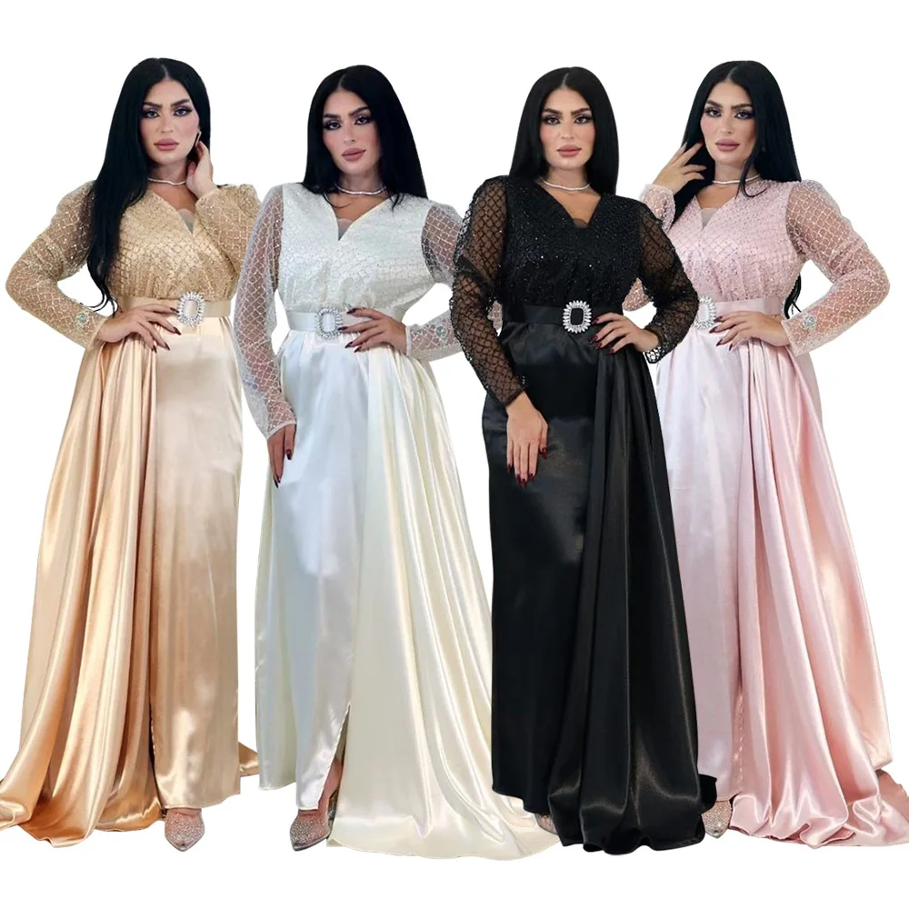 

Saudi Arabia Abaya Robe Sequined Satin Patchwork Evening Dress Middle Eastern Muslim Turkish Long Dresses with Belt