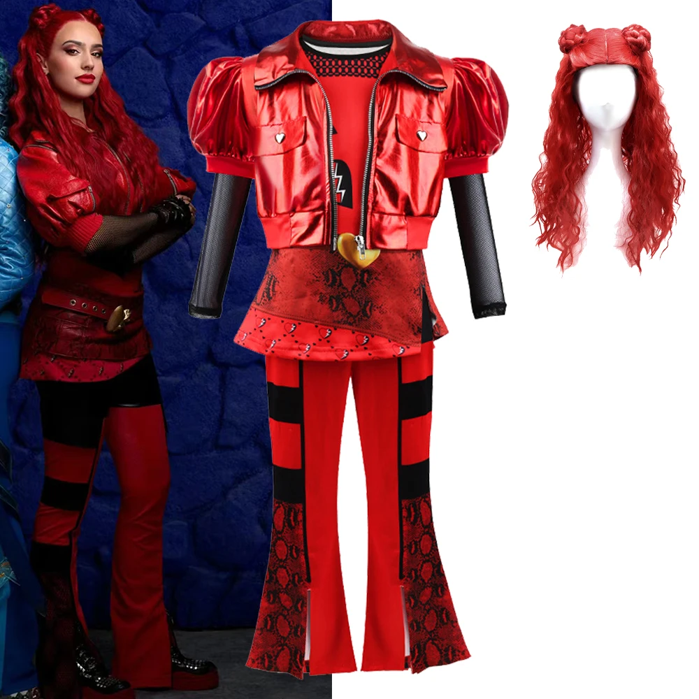 Descendants 4 The Rise of Red Movie Cosplay Clothing Disney Princess Girl Dresses Halloween Carnival 4-12 Year Old Dress Set+Wig