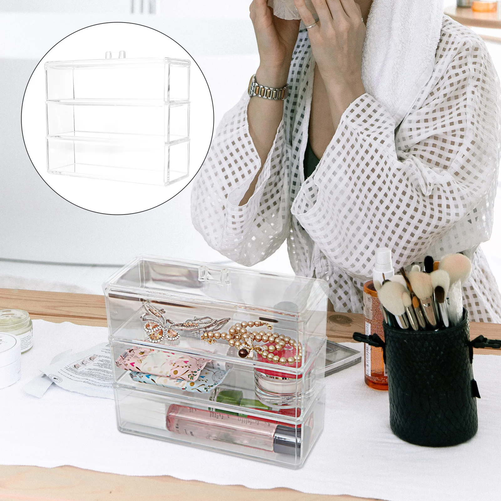 

Clear Makeup Organizer with Lid Cosmetics Countertop Skin Care Products Transparent Storage Bin Container