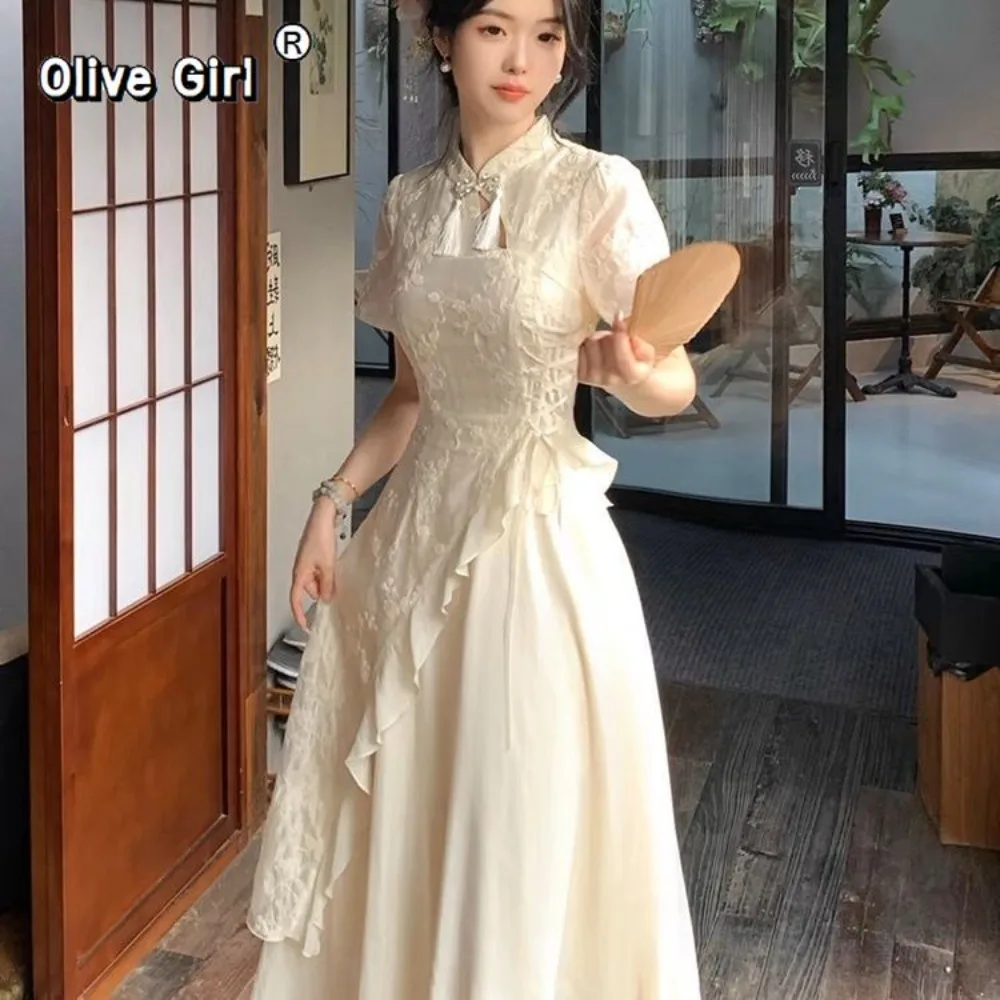 

Improved Tassel Embroidered Cheongsam Dress Qipao Women's Clothing Summer 2026 Elegant Girl Irregular Waist Long Dress