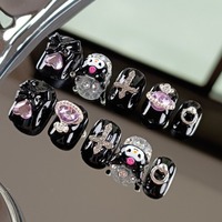 Kawaii Short Square False Nails 10Pcs Dark Kuromi Cute 3D Decoration Handmade Nails Removable Press on Nails for Child Girl Gift