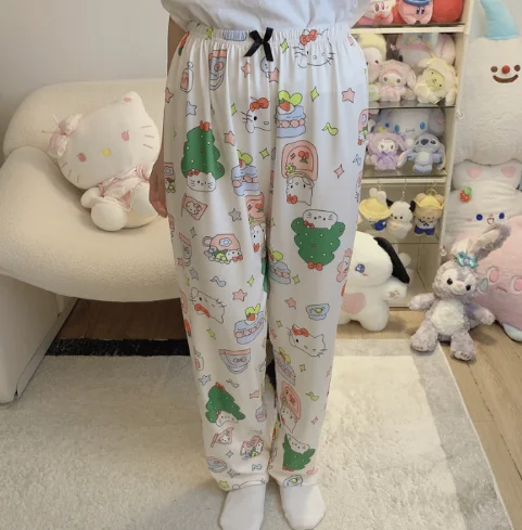 New Sanrio Pajama Pants Hello Kitty Kuromi Stellalou Lina Belle Women\'s Home Pants Casual  Ins Style Thin Sweet Cartoon Pajamas