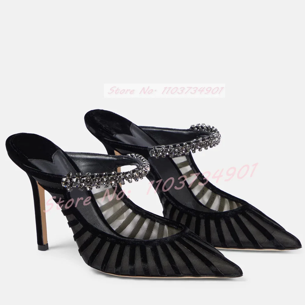 Mesh Crystals Elegant Pointed Toe Slippers Female Fashion Satin Outdoor Thin High Heels Mules Women Casual Chic Party Slippers