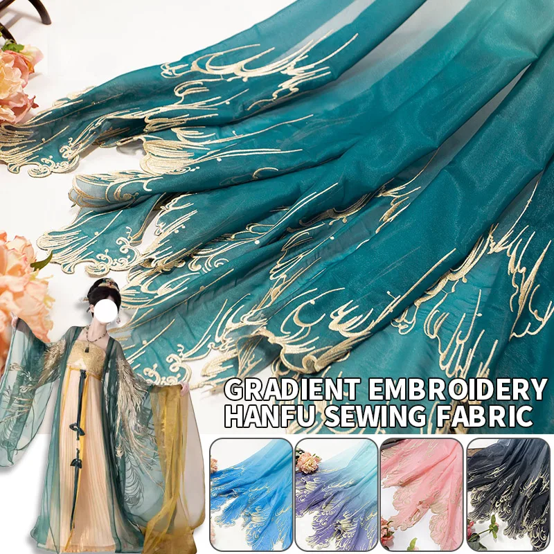 

Chinese Classical Gradient Embroidery Fabric Heavy Lotus Leaf Edge Designer Material for DIY Hanfu Dress Dance Costume
