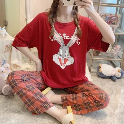 

Cartoon Rabbit Cow Pajamas Set Ladies Home Wear Summer Sleepwear Short Sleeve T Shirt Women's Comfortable Nightclothes