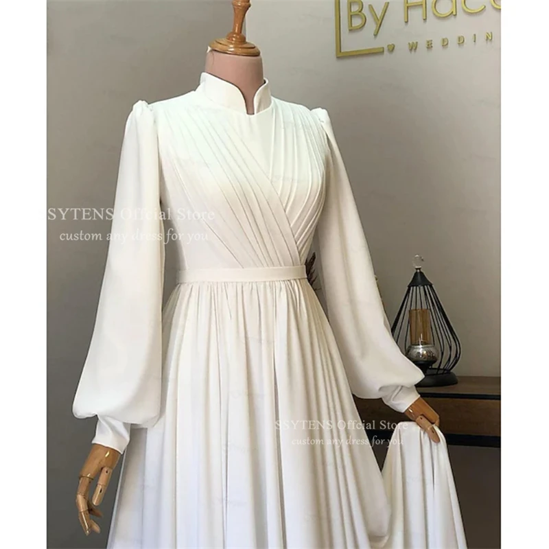 SSYTENS Elegant A Line Wedding Dresses High Neck Long Sleeves Bride Gowns Muslim Pleats Satin Vestido De Novia Customized 2025